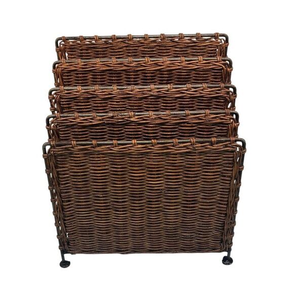 Vtg MCM Desktop Hand Woven Wicker Metal Vinyl Stationary Magazine Rack Holder - Picture 1 of 11